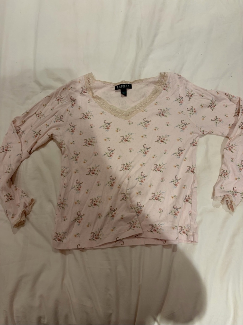 Raulph Lauren Set Pink Floral Lace-Trim Long Sleeve Top